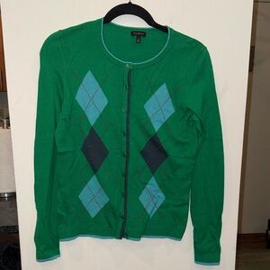 Talbots Green light weight Cardigan Blue Argyle pink beaded detail SM
